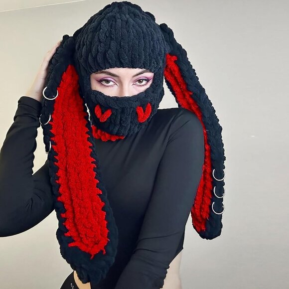 Women's Black Red Bunny Hat Knit Plush Long Ears Fluffy Cosplay Party Hat - Picture 4 of 4